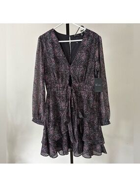 Femme by Design Black Dress with Pink Floral Speckle and Ruffle Hem, Size Medium